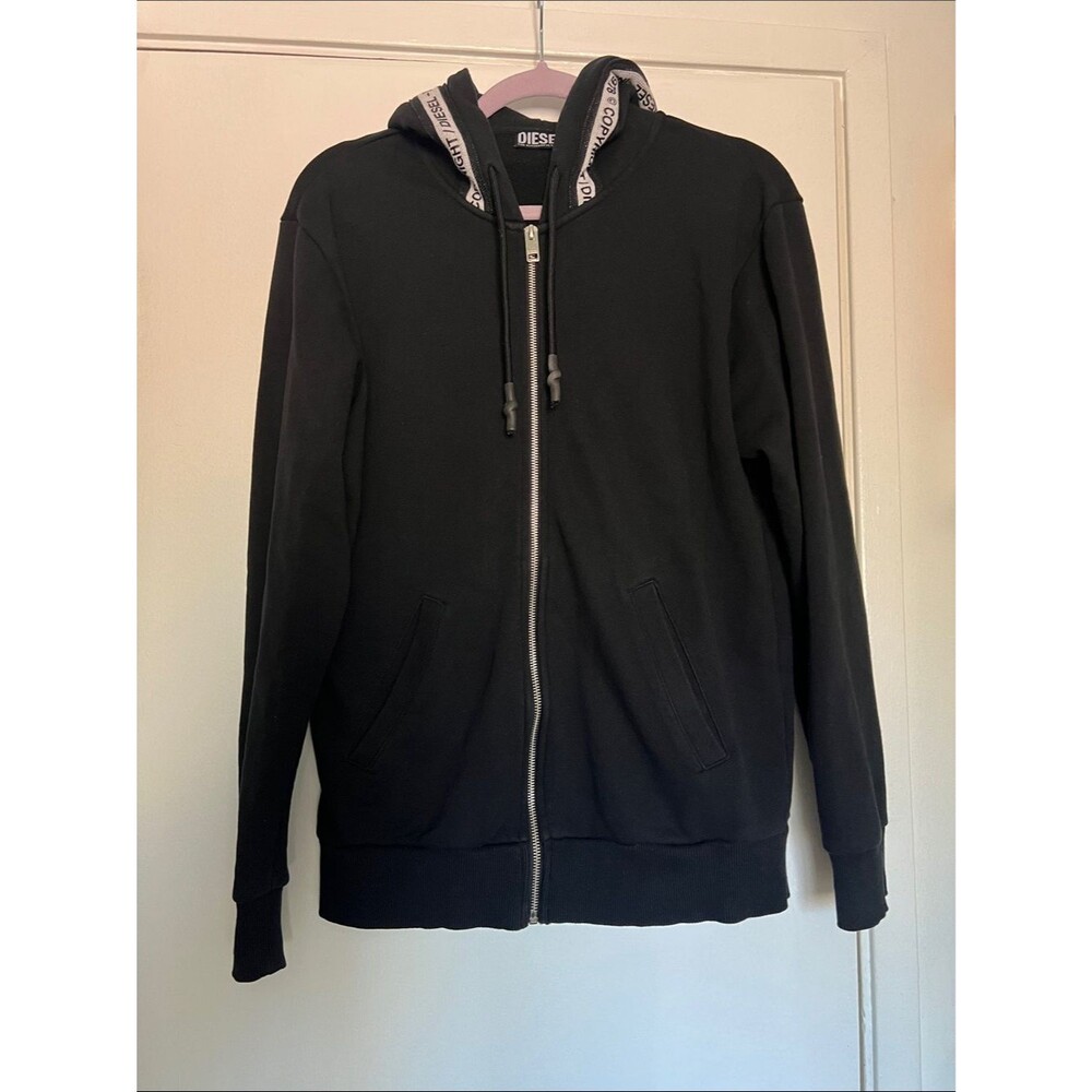 Diesel Black Full-Zip Hoodie with Branded Hood Trim. Size Medium.